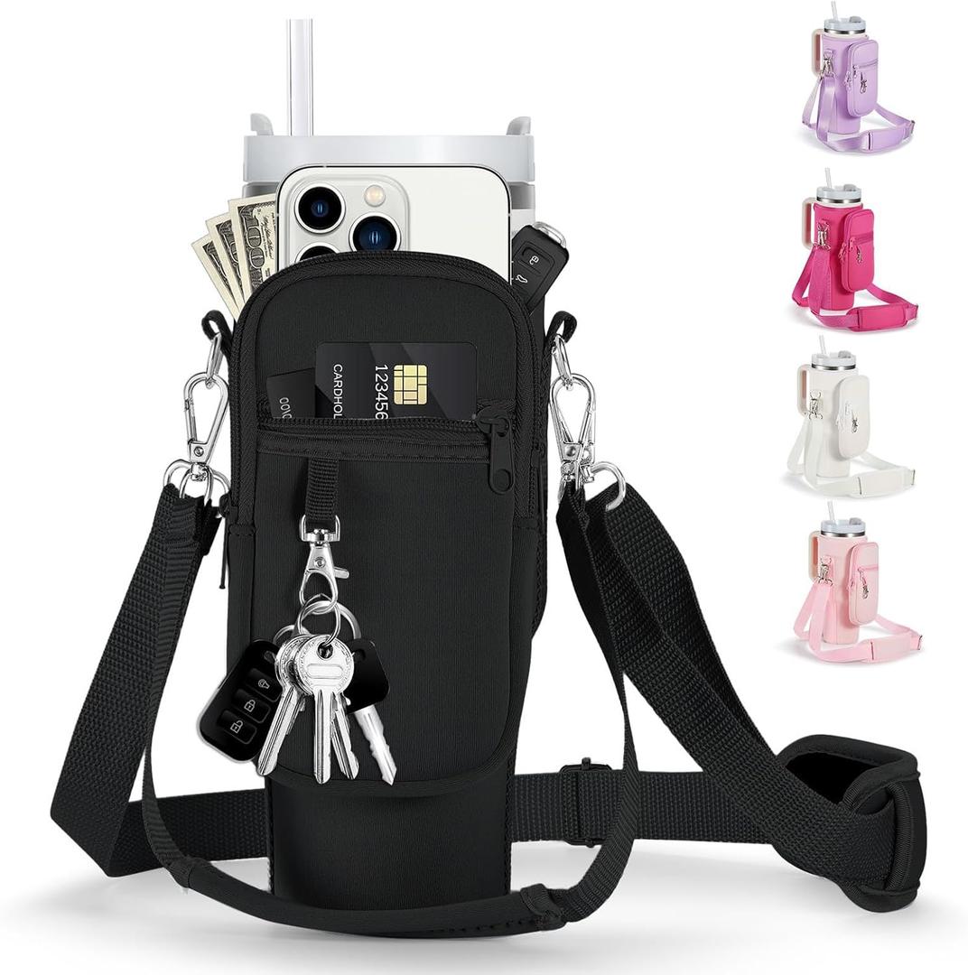 linmaya Water Bottle Carrier Bag with Phone Pocket for Stanley Cup 40/30oz,Insulated Neoprene Water Bottle Holder Cross-boday Bag with Adjustable Shoulder & Handheld Strap Stanley Cup Accessories (black)