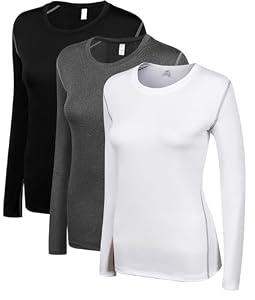 WANAYOU Women's 3 Pack Compression Shirts Cool Dry Fit Long Sleeve Workout Shirts Sports Running Shirt Athletic Exercise Gym Yoga Shirts (3 Pack(Black+White+Grey), Small)