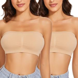WOWENY Wireless Strapless Bandeau Bra for Women Padded Seamless Padded Bralette with Support Tube Top Bras (S)