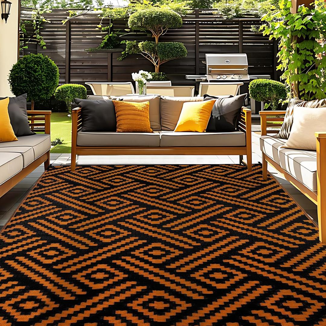 OPPODREAM Outdoor Rug 5x8 Ft, Waterproof Outdoor Plastic Straw Rug for Patio, Reversible Out Door Carpet for Camping, Deck, Rv, 5 x 8 Area Carpet for Balcony, Porch, Backyard, Black and Orange (5'x8', Orange & Black)