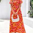 BTFBM Womens Spring 2026 Casual Maxi Dresses Short Sleeve Smocked Tiered Floral Boho Long Beach Dress with Pockets (M)