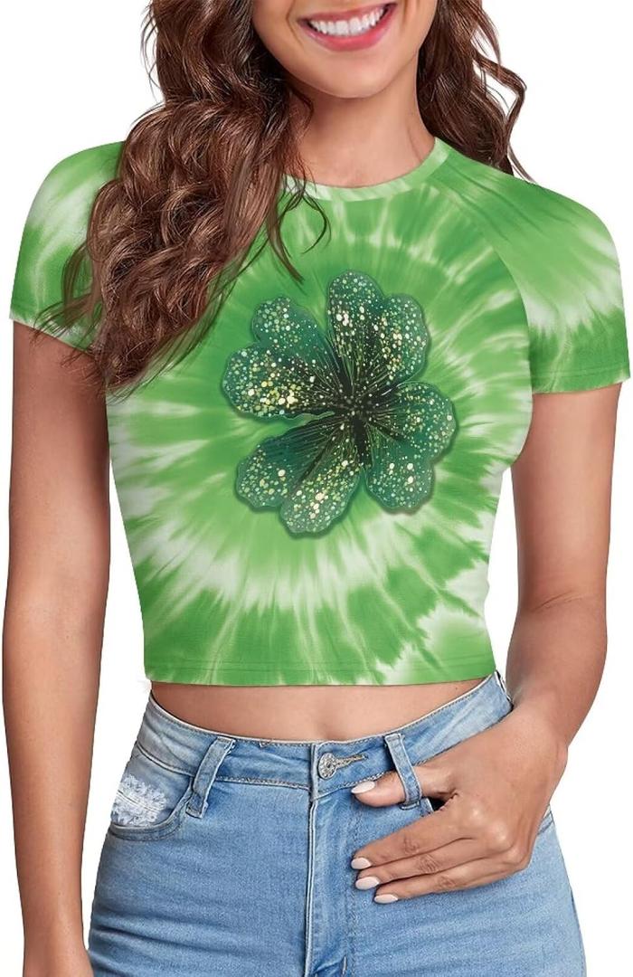 Shamrock St Patricks Day Shirt Women Green Tie Dye Cropped Tops, Irish Shamrock Clover St. Patricks Day Baby Tee for Womens Funny Tee Top, Large