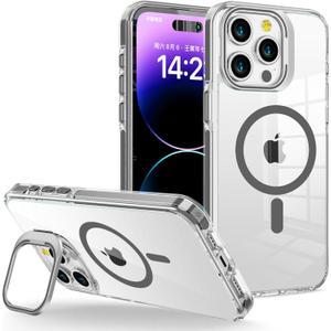 for iPhone 14 Pro Case Clear with Kickstand and Screen Protector - Wireless Charging Compatible,21ft Military-Grade Drop Tested Shockproof Slim Fit Magnetic Crystal Cover - Grey
