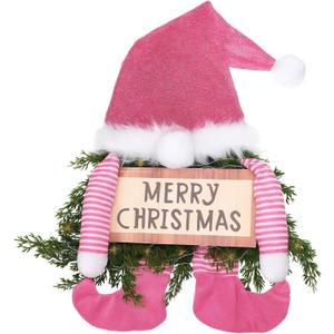 Knitgrip Christmas Lighted Wreath Gnome Xmas Gnome Door Wreath Artificial Santa Xmas Hanging Sign for Door Window Wall Decorations Farmhouse Christmas Home Decor(Pink)