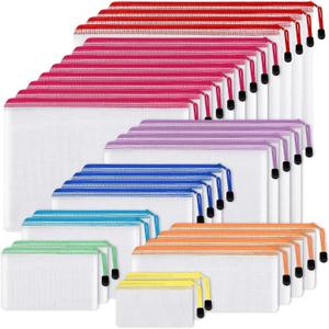 Amazon Basics 30-Pack Mesh Zipper Pouch Bags, 8 Sizes Waterproof Storage Organizers with Zipper, Multipurpose Clear Travel Document Bags for Office Home School Organization (8 Colors)