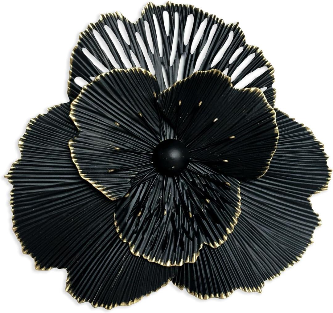10" Metal Flower Wall Art Decor, Rustic Modern Floral Sculpture, Distressed Iron Wall Hanging Home Decoration Accent Artworks for Indoor Kitchen Bedroom Living Office Outdoor Garden Patio (36C-Black)