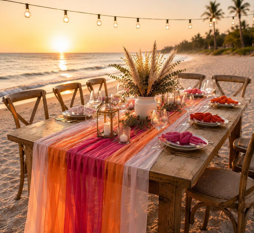 Orange and Pink Party Decorations Pink Orange Sunset Party Decorations Chiffon Table Runner, Napkins, Dried Flowers for Wedding Birthday Baby Shower