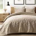 EVERGRACE Luxury Pearl Velvet Quilt Set Queen Size 3 Pieces, Soft Paisley-Stitch Velvet Comforter Set with Pillow Shams, Lightweight Bedspread Coverlet Bedding Set, Natural (Full/Queen (90" x 92"))