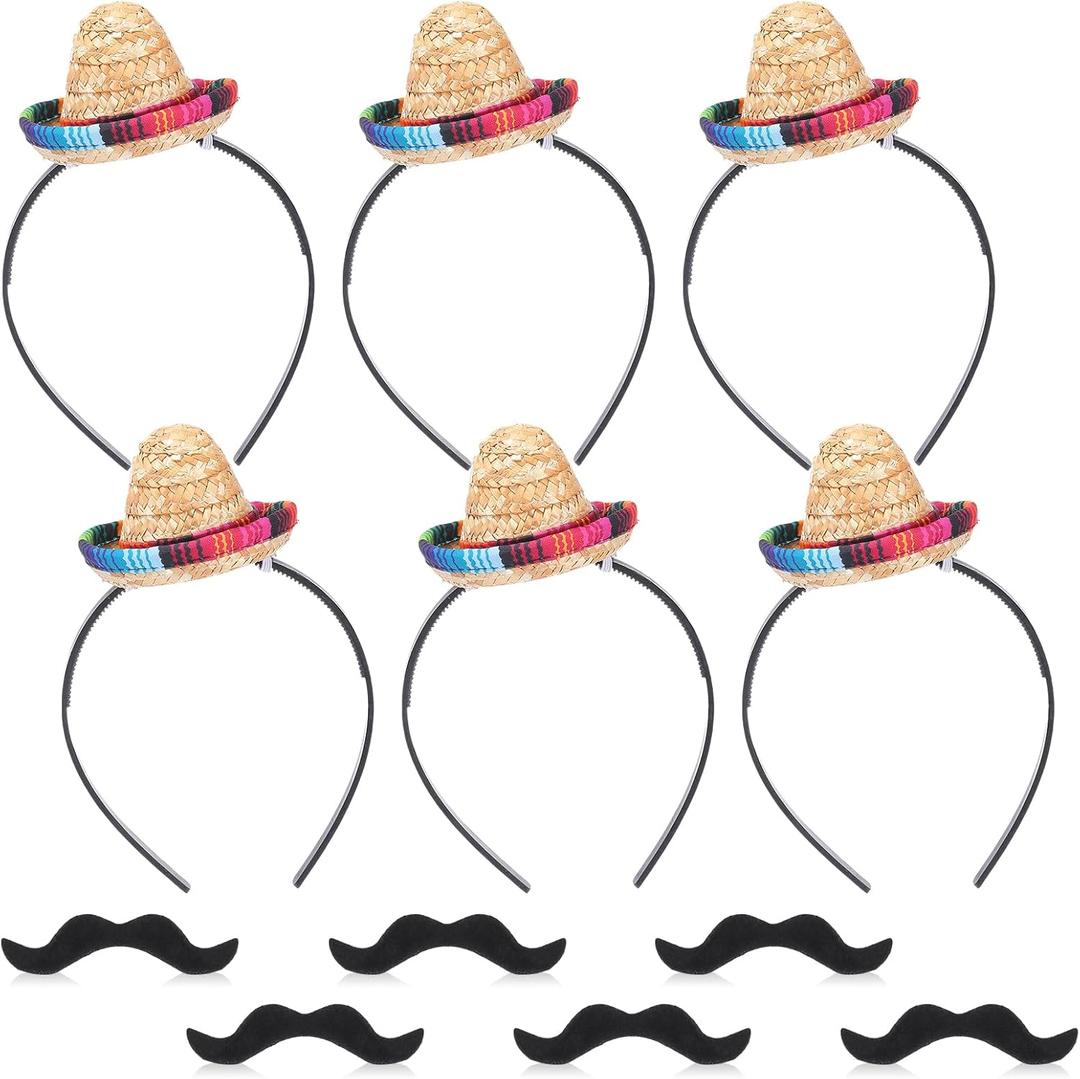 12 Pcs Mini Sombrero Mexican Party Hat Fake Mustaches Set 6 Cinco De Mayo Fiesta Headband Hat 6 Mustache Costume (5.9 Inches)