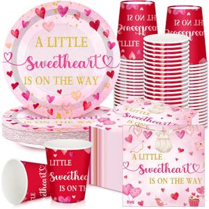 Hushee 200 Pcs Valentine's Day Little Sweetheart Baby Shower Paper Plates Cups Napkins Party Supplies Tableware Set Disposable Cup Napkin for 50 Guest Party Decoration (Multicolor)