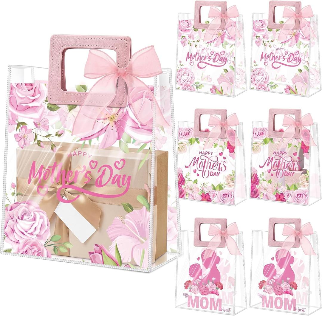 Blosssound 30 Pcs Mothers Day Gift Bags Bulk Medium Reusable Plastic Tote Bags with Handles & Ribbon 9x8x3 Inch Floral Mothers Day Party Favors Clear PVC Waterproof Wrap for Mom Grandma Gifts