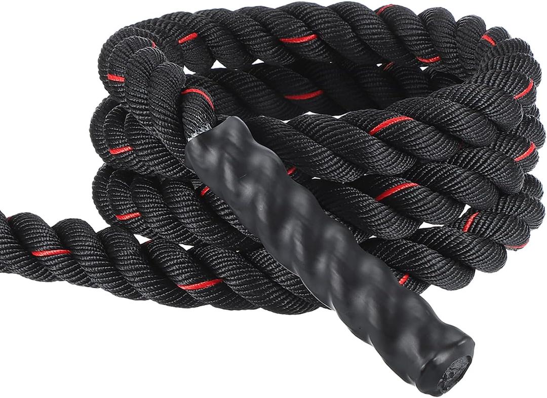 MECCANIXITY Battle Rope 10ft x 1.5 Inch Polyester Workout Rope Heavy Fitness Exercise Rope for Strength Training Home Gym Muscle Building, Black Red