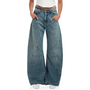 PLNOTME Women's High Waisted Barrel Jeans Casual Loose Boyfriend Wide Leg Denim Pants (Blue,4)