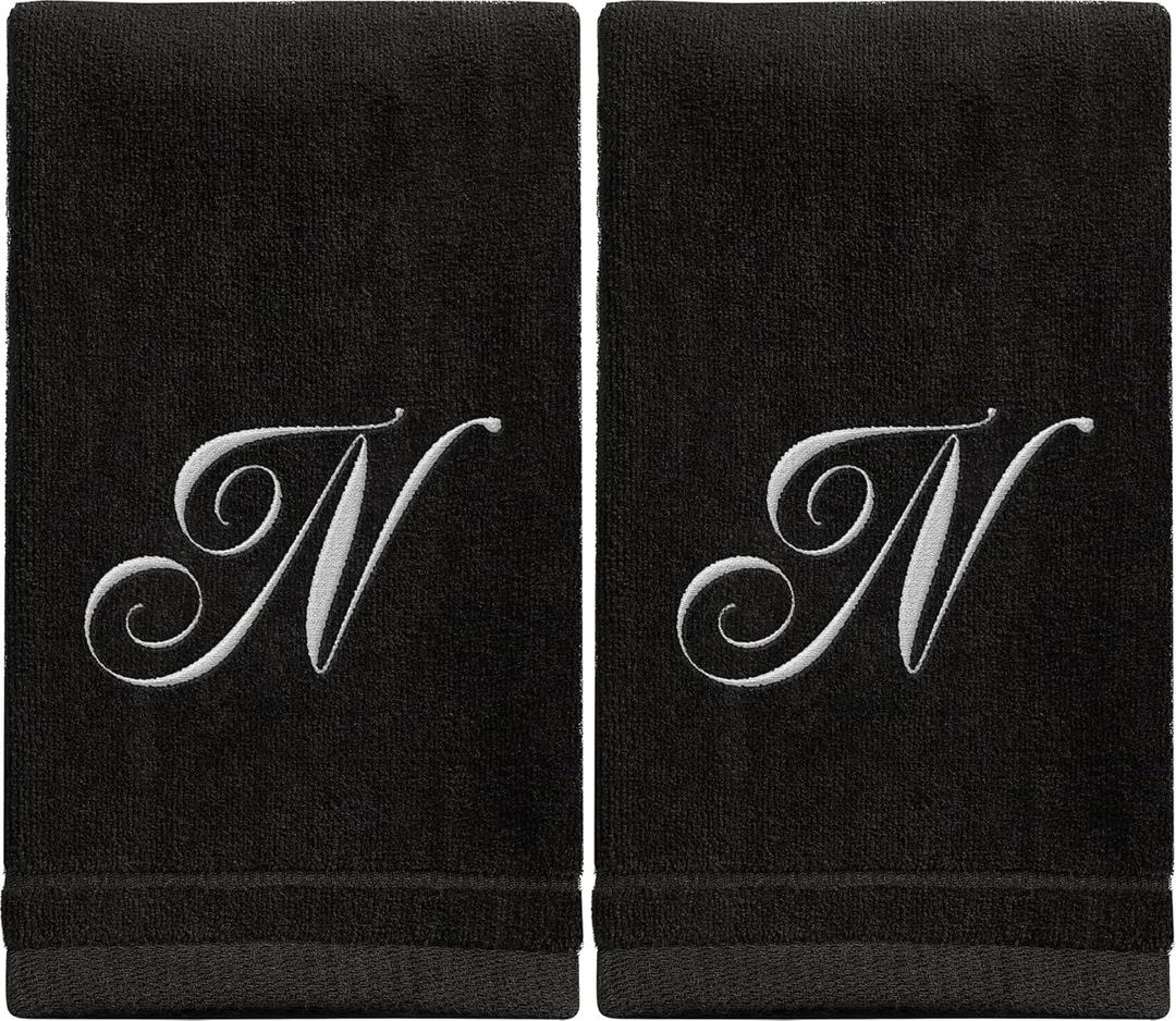 Monogrammed Towels Fingertip, Personalized Gift, 11 x 18 Inches - Set of 2 White Embroidered Towel - Extra Absorbent 100% Cotton - Soft Velour Finish - For Bathroom/ Kitchen/ Spa - Initial N (Black)