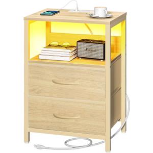 Yoobure Nightstand with Charging Station, LED Night Stand with Fabric Drawers and Storage Shelf for Bedroom, Nightstands Bedside Tables with USB Ports & Outlets, Small Night Stands, Bed Side Table (Natural)