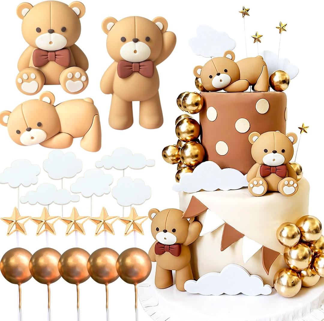 JeVenis Luxury Beige Brown Bear Cake Decoration Beige Brown Balls Cake Topper Boho Bears Cake Cake Decoration Baby Shower Birthday Cake Decoration