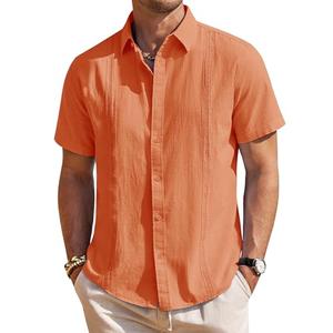 Mens Linen Shirts Short Sleeve Button Down Shirt Casual Cuban Guayabera Lightweight Summer Beach Solid Tops Bright Orange, Size M