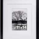 Egofine 11x14 Picture Frame Black - Photo Frame Made of Solid Wood Covered by Plexiglass for Table Top Display Pictures 5x7/8x10 with Mat or 11x14 Without Mat with Wall Mounting Hardware