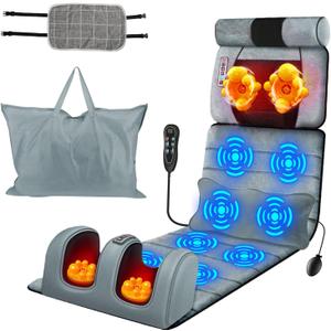 Full Body Massage Mat with Heat,Electric Massage Pad for Neck,Back,Foot&Full Body Pain Relief,10 Vibrating Nodes 3 Heating Levels W/ Detachable Neck,Foot Massager,Head Pillow&Inflatable Lumbar Pillow