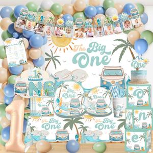 232pcs The Big One Party Decorations Include Photo Banner High Chair Banner Backdrop Tablecloth Balloons Tableware Ballon Box Cutout Crown Cake Topper Poster, for Boys First Birthday Decorations