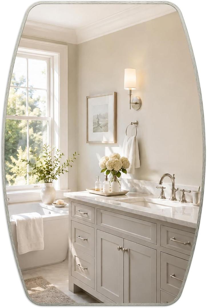 24x36 Inch Curved Rectangle Bathroom Vanity Mirror, Brushed Nickel