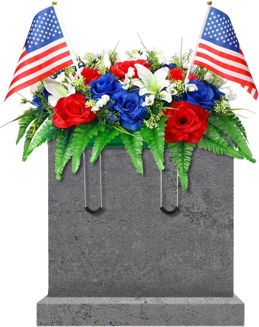 Memorial Day Decorations for Cemetery, Red White Blue Artificial Grave Headstone Flower Saddle with American Flags for Patriotic 250th Anniversary 4th of July Tombstone Outdoor Decor