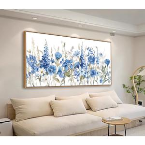 tigeridge Blue Floral Framed Wall Art - Vibrant Blue White Iris and Daisy Canvas Pictures Wall Decor Flower Painting Artwork Elegant Botanical Prints Living Room Decor 40 x 20in, Natural Wood Frame