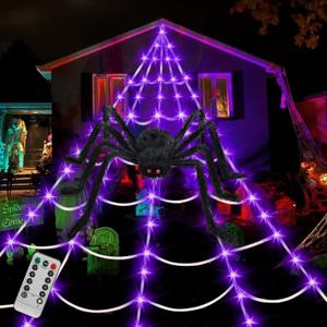 Spider Web Lights Halloween Decorations Outdoor, 250 LED 16.4Ft Light Up Spider Web with 59" Giant Spider, Spider Web Light with 8 Modes Waterproof Timer for Yard Haunted House Indoor Outdoor Decor
