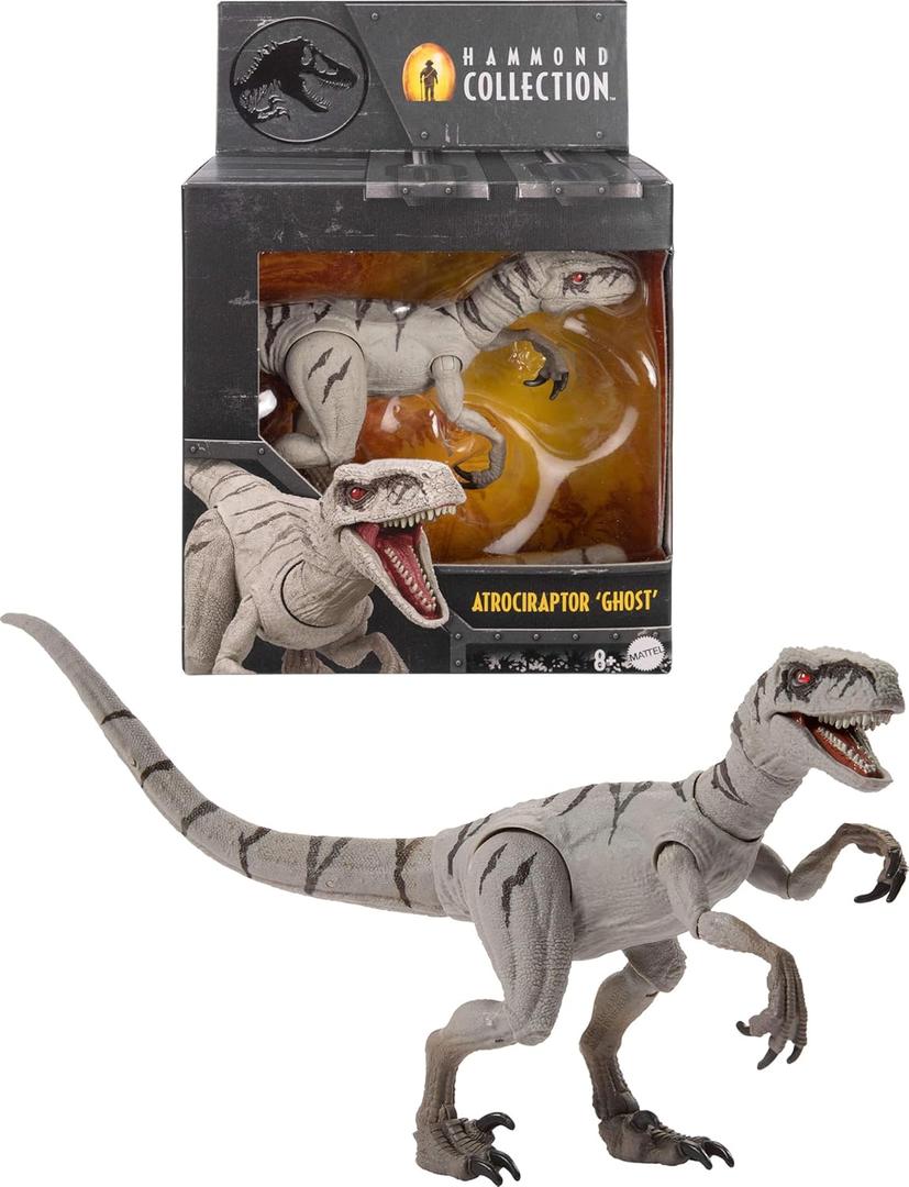 Mattel Jurassic World Hammond Collection Dinosaur Action Figure Toy, Atrociraptor Ghost, Premium Movie Design with Glass Eyes & 14 Points Articulation