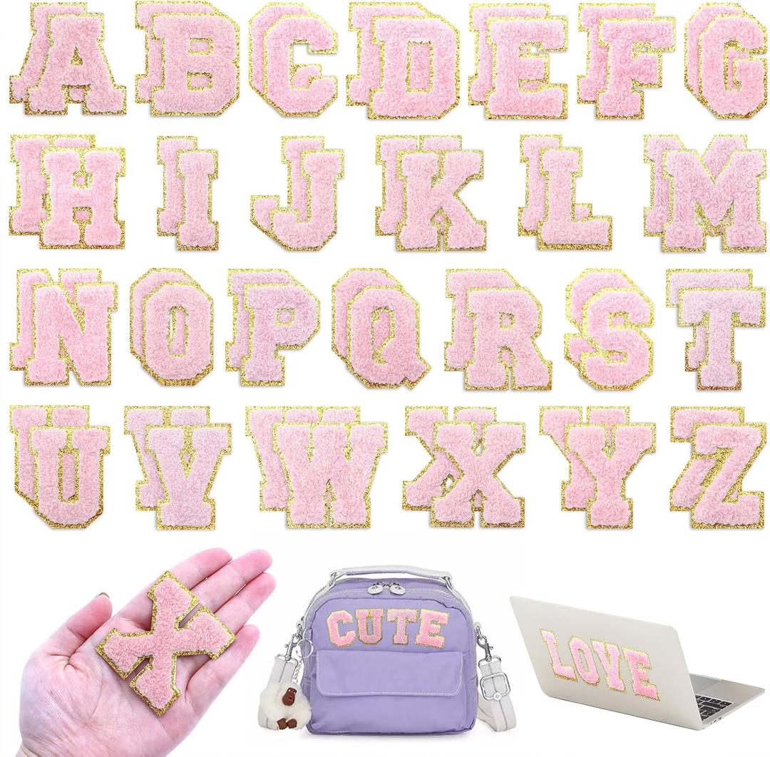 52 Pcs Chenille Letter Patches Self Adhesive Iron On for Backpacks, 2.17 Inch Glitter Letter Stickers Preppy Varsity for Clothing Jackets Hat Laptop (Pink Letters)