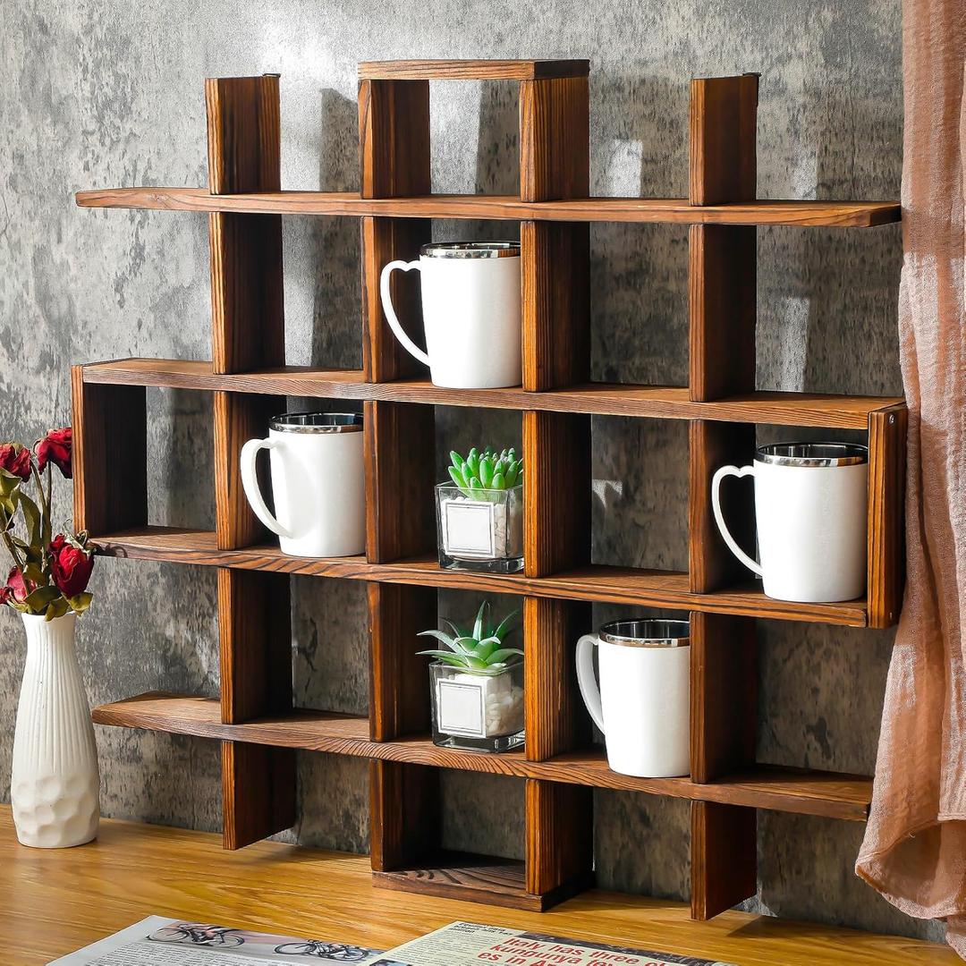 Suzile Oversized Coffee Mug Display Rack Wooden Display Shelves Rustic Wooden Floating Curio Shelf Travel Wall Mounted Coffee Mug Rack Holder Shadow Box Shelf (Grid Size 5.1x5.1x3in, Rustic Brown)