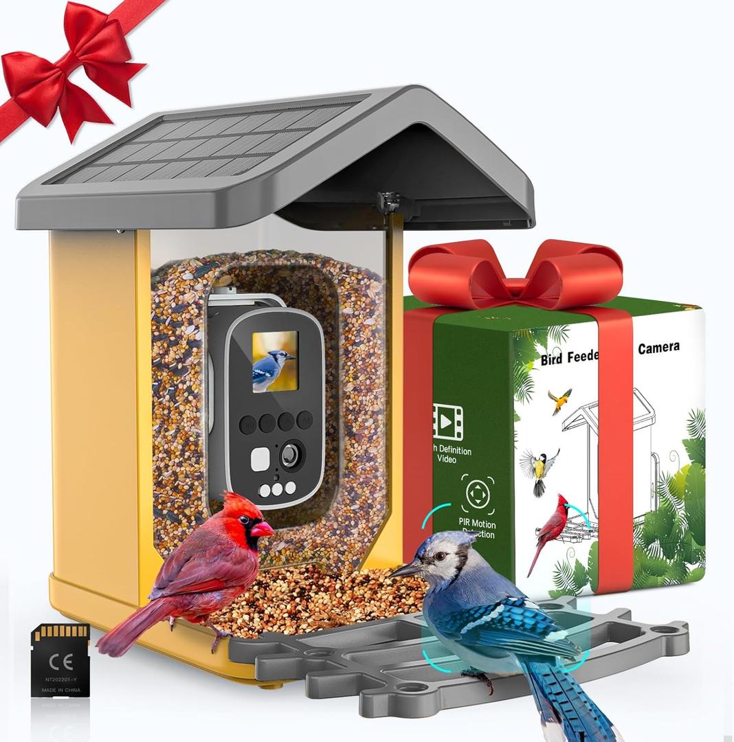 Bird Feeder with Camera Solar Powered,1080P HD Auto Capture Bird Videos with Panel with Visual Operation, with 32G Card (Yellow)