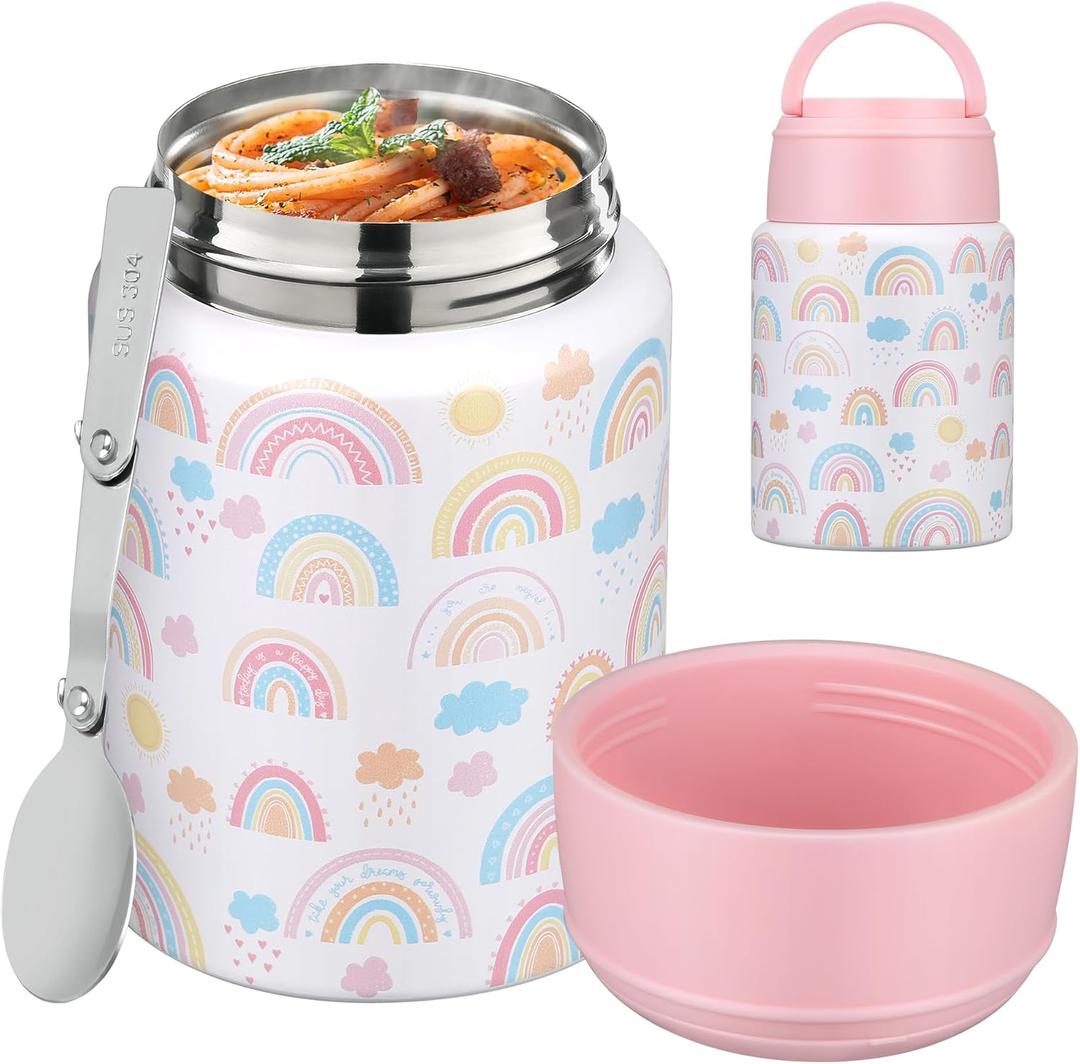 Soup Thermo for Hot Food Kids 16oz Insulated Food Jar Leakproof Thermo Lunch Container for Kids Wide-Mouth Stainless Steel Lunch Box for School with Handle Folding Spoon(3+) (16oz-White Rainbow)