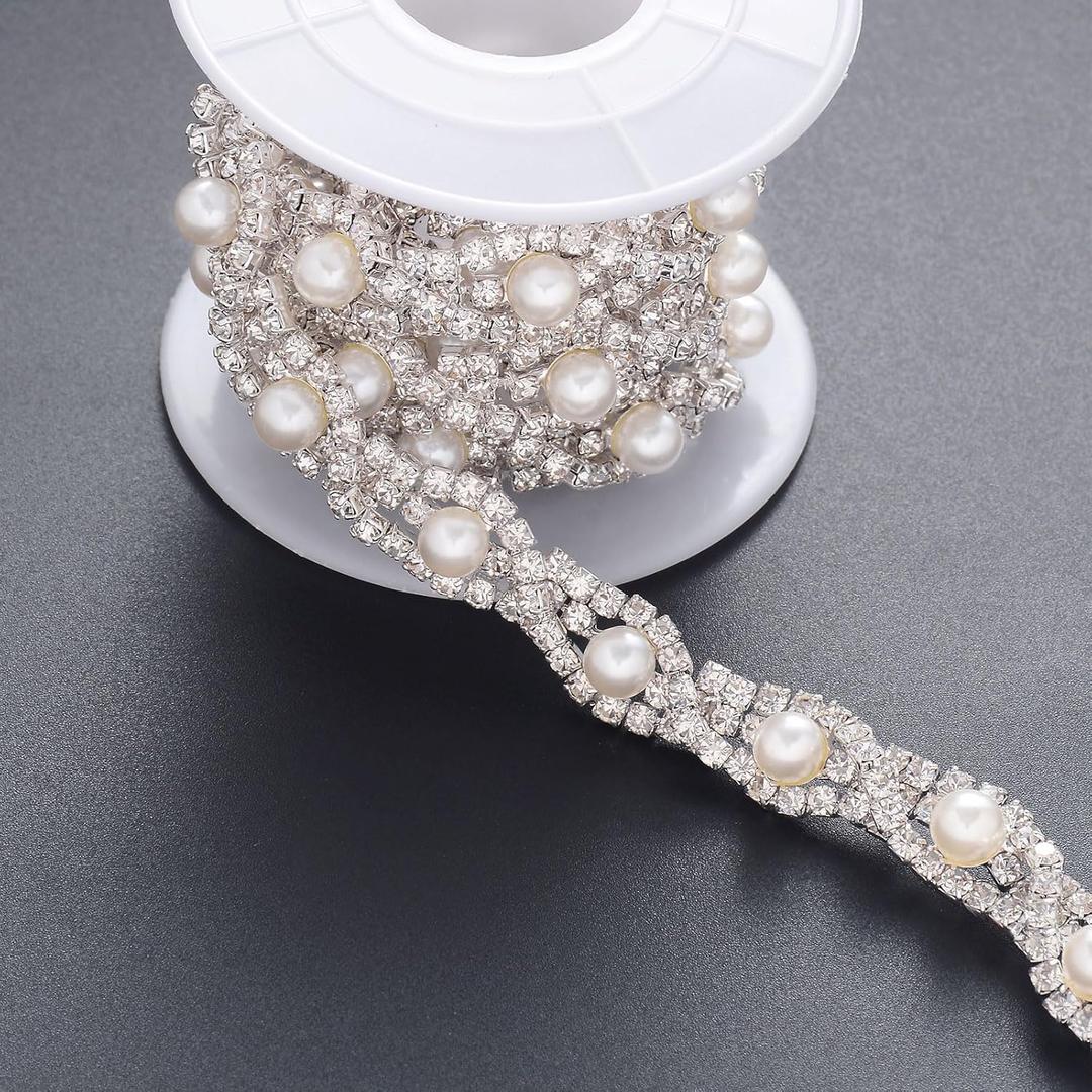 1 Yard Pearl Rhinestone Trim, Inlaid Pearl Beaded Chain, Crystal Applique Ideal for DIY and Wedding Party Decoration Bridal Embellishments, 0.8" Width (Eye Pearl)