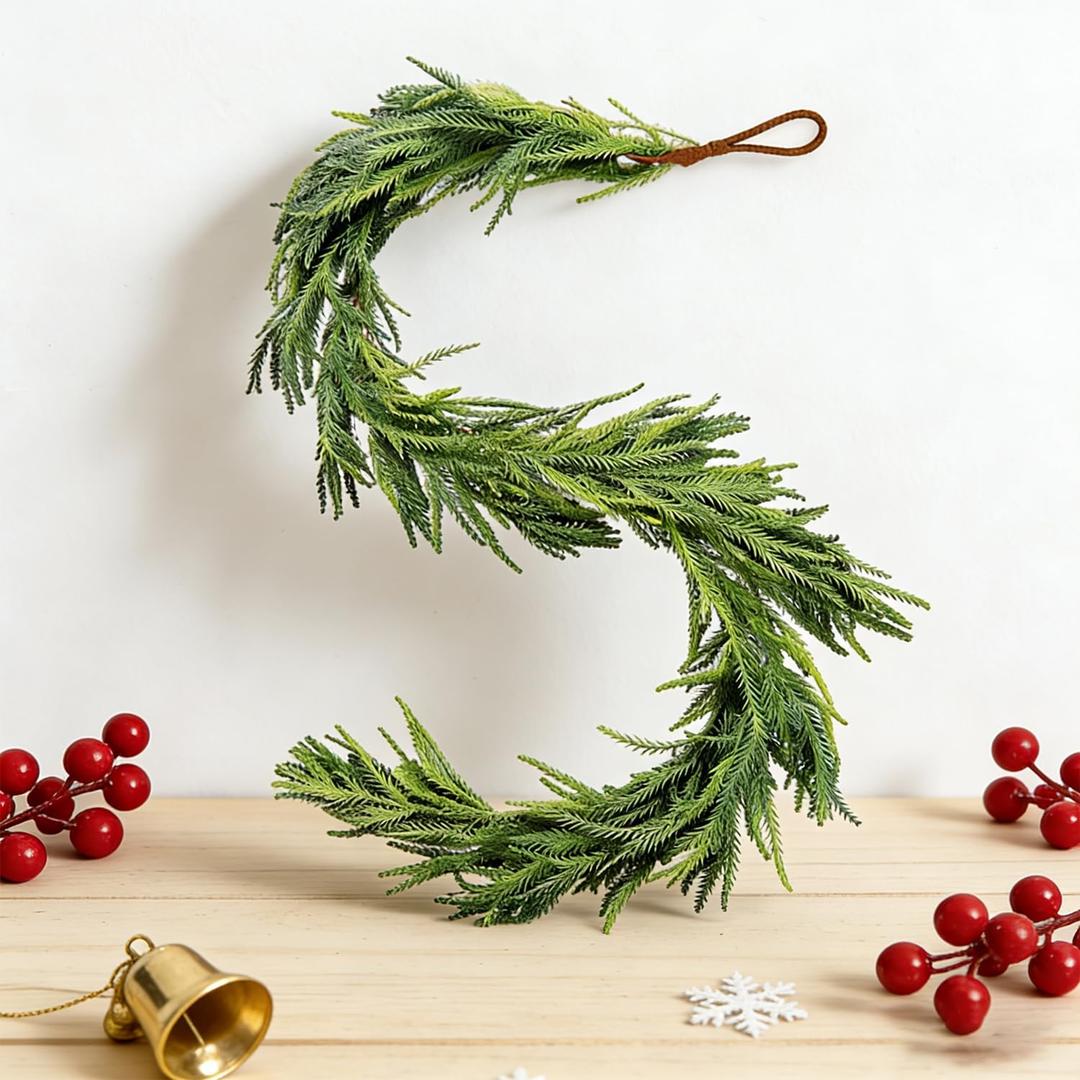 6FT Christmas Norfolk Pine Garland, Real Touch Artificial Greenery Garland, Faux Green Pines Winter Garlands for Fireplace, Mantle, Table, Indoor Outdoor Holiday Decorations
