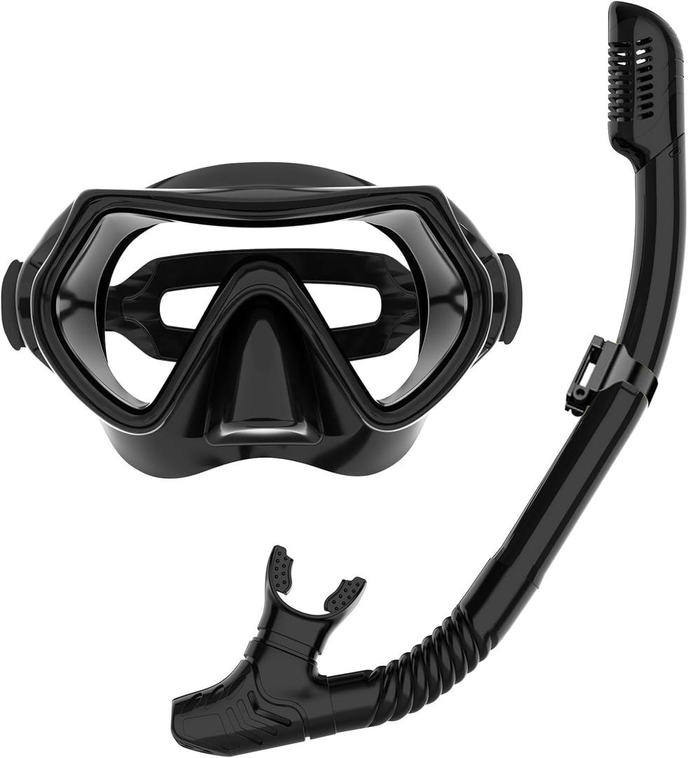 Snorkeling Gear for Adults, JRing Snorkel Mask Set with 180 Degree Tempered Glass Anti Fog Goggles Scuba Dry Top Snorkel for Swimming, Scuba Diving Mask for Men Women (Black)