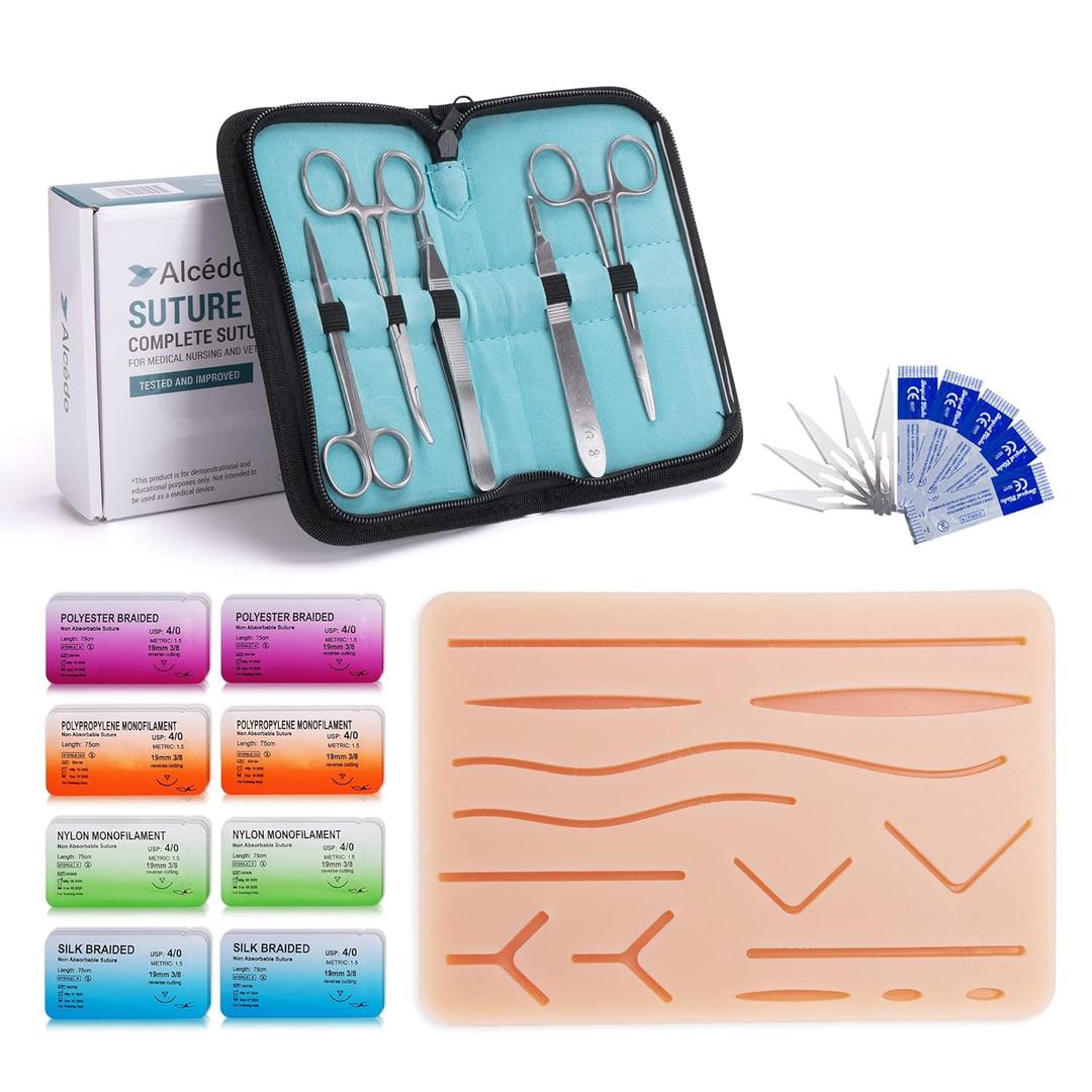 Alcedo Suture Practice Kit for Medical Students | Complete Set (32 Pieces) Include Durable Large Suturing Pad with Pre-Cut Wounds, Tools Kit, and Suture Threads for Educational Use Only