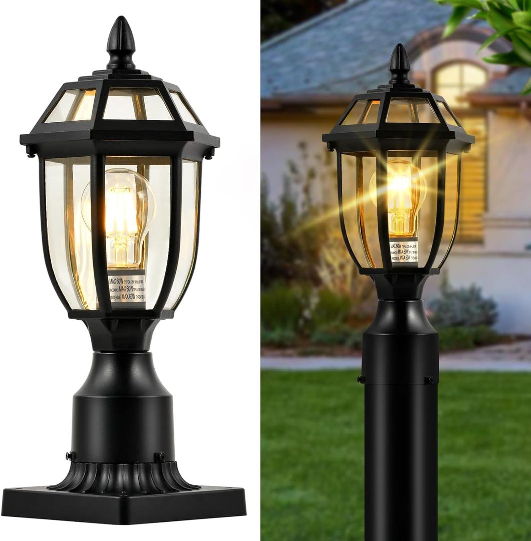 Outdoor Post Light, Exterior Lamp Post Lights with Pier Mount Base, Hard-Wired, Aluminum Outdoor Waterproof Post Lantern for Garden Patio Pole Pillar, 1 Pack