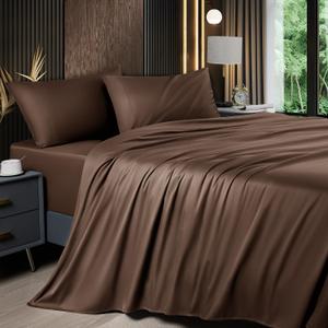 Shilucheng 4 Piece Queen Sheet Sets, Cooling Sheets, Blend Rayon Derived from Bamboo, Deep Pocket Up to 16", Breathable & Soft Bed Sheets, Hotel Silky Bedding Set, Brown