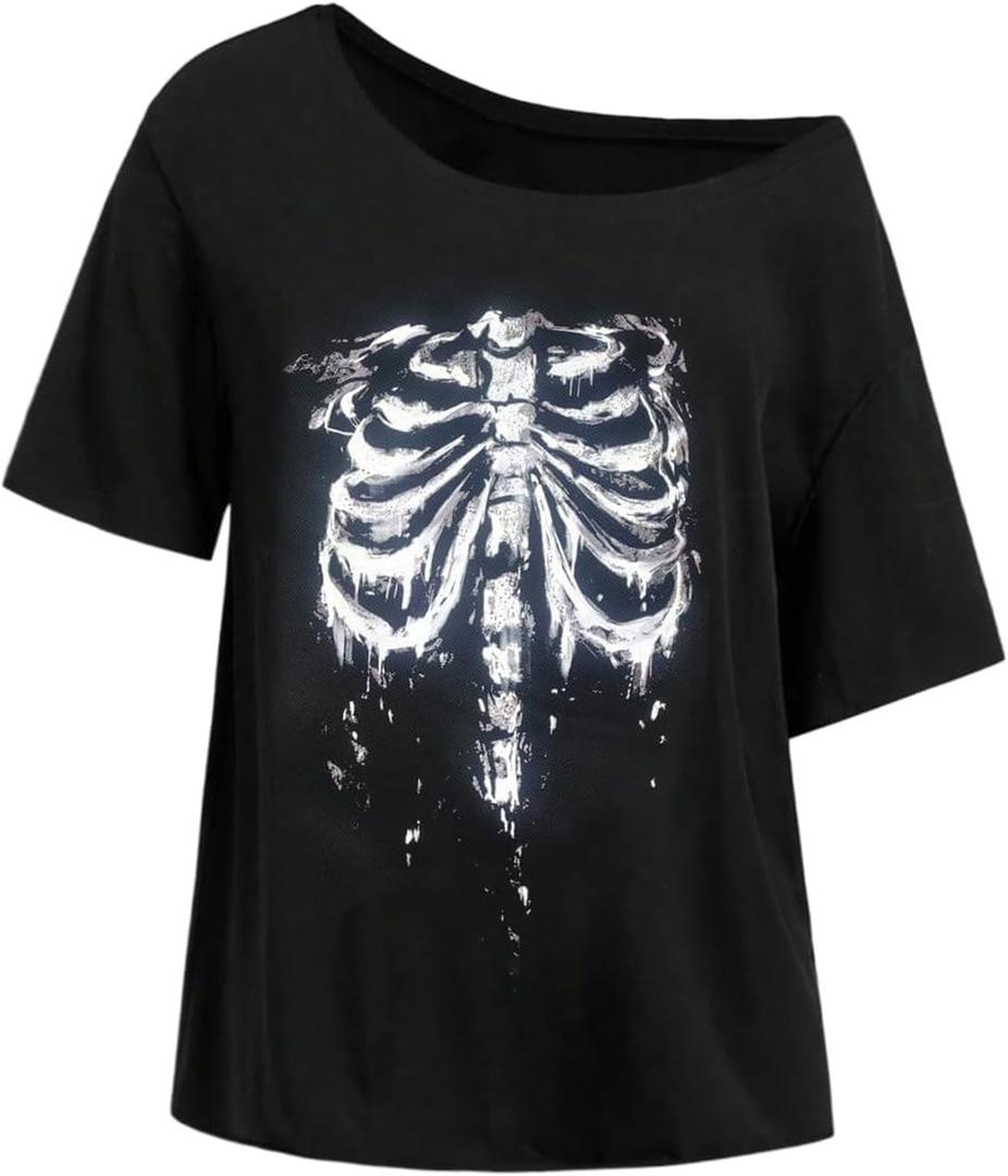 SOLY HUX Women's Off The Shoulder Tops Y2k Goth Vintage Graphic Tees Short Sleeve Oversized T Shirt (Large)