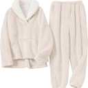 Gihuo Girls Fleece Pants Sets Fuzzy 2 Piece Outfits Lapel Collar Pullover Sweatshirt Set Sweatsuit 5-12Y (Beige, 11-12 Years)