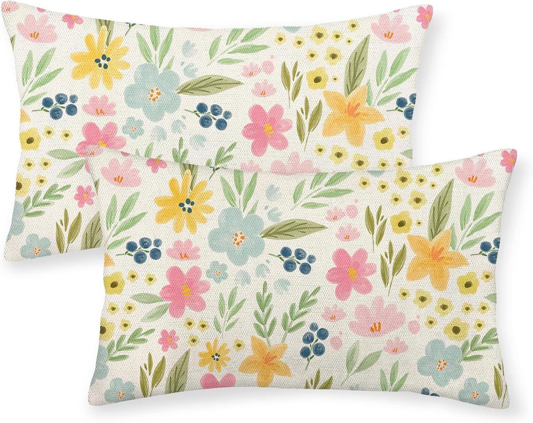 Spring Pillow Covers 12x20 Set of 2 Watercolor Yellow Pink Blue Floral Throw Pillows Summer Spring Flowers Leaf Print Decor Pillowcase Farmhouse Outdoor Decorations Cushion Case for Couch Home