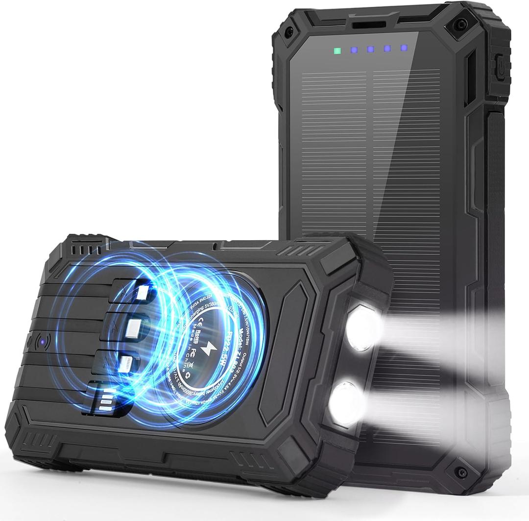 Solar Charger Power Bank,36000mAh Portable Wireless Charger with USB-C in/Output,15W Fast Charging External Battery Pack Built in 4 Cables,Three Inputs Phone Portable Charger (Black, 36000mAh)