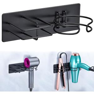 Hair Dryer and Straightener Holder Wall Mounted, Self Adhesive Blow Dryer and Flat Iron Storage Hair Tool Organizer for Bathroom Vanity (Black)