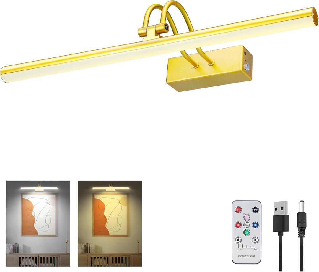 Picture Light, Picture Lights for Wall Cordless,16inch Picture Lights with Timer and Dimmable, 5000mAh Battery Wall Lights for Display Gallery Painting Art Frame Portrait - Plated Gold, 2 Color
