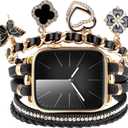 Boho Leather Bracelet Compatible with Apple Watch Band 40/38/41/42/44/45/46/49mm Women, Multilayer Wrap Watch Strap with Unique Pendants for iWatch Series 10/9/8/7/6/5/4/3/SE Metal Chain Charms (Clover Glitter Black)