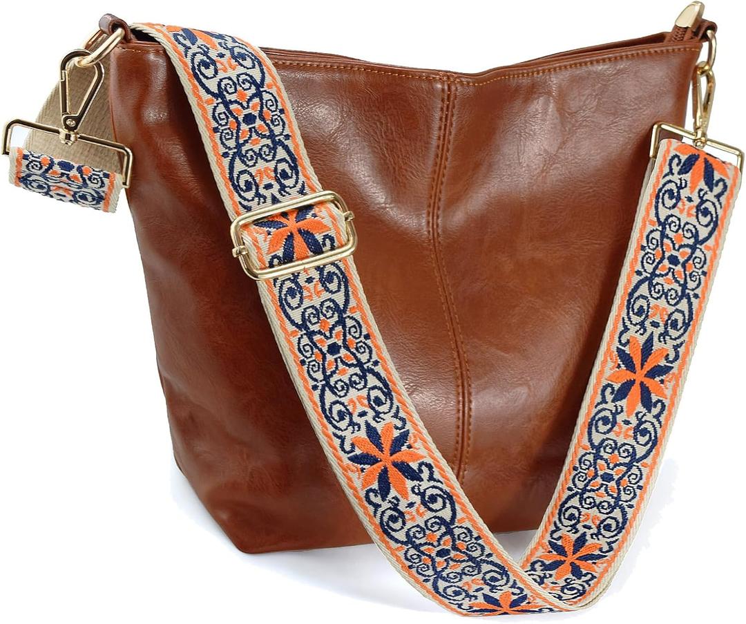 Hobo Bags Vegan Leather Crossbody Bag Guitar Strap Shoulder Purses with Zipper Handbags for Women (Brown 2)