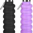 Collapsible Water Bottle, 16oz Portable Reusable Silicone Water Bottle, BPA-Free Leak-Proof Foldable Design with Carabiner, Lightweight Durable for Gym, Travel, Camping, Hiking, Sports(Black+ Purple)