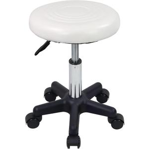 FURWOO Round Swivel Stool with Wheels PU Leather Rolling Stool Height Adjustable for Spa Salon Massage White