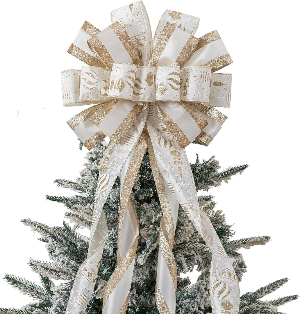 Christmas Tree Topper, 40x13 Inches Toppers Bow with Glitter Satin Mesh Streamer and Patterned Ribbon, Christmas Tree Topper Bow for Christmas Home Decoration (Pink)